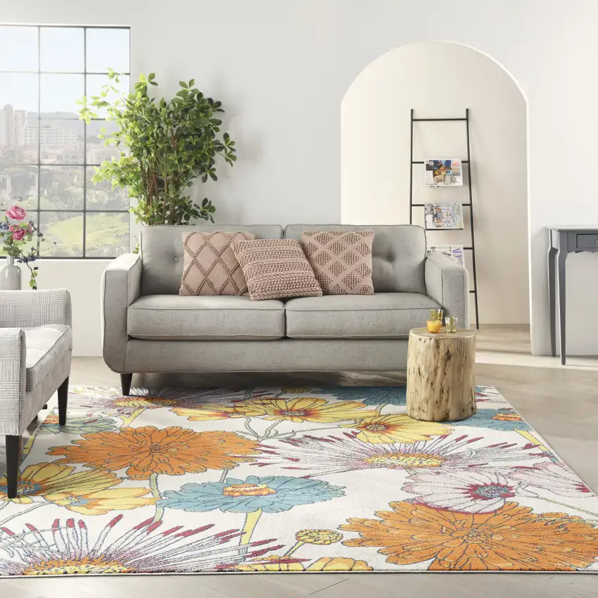 Ivory Blue and Orange Floral Power Loom Area Rug Photo 4