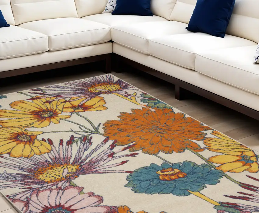 Ivory Blue and Orange Floral Power Loom Area Rug Photo 1