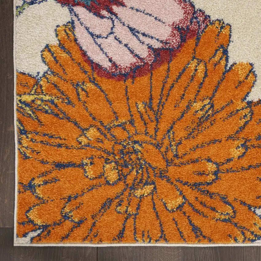 Ivory Blue and Orange Floral Power Loom Area Rug Photo 5