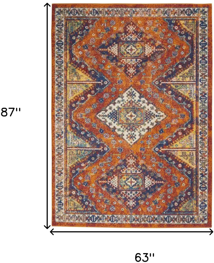 Ivory Blue and Orange Geometric Power Loom Area Rug Photo 3