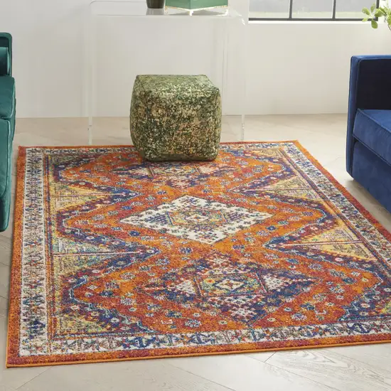 Ivory Blue and Orange Geometric Power Loom Area Rug Photo 3