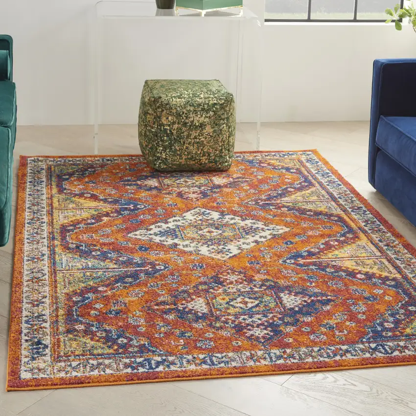Ivory Blue and Orange Geometric Power Loom Area Rug Photo 3