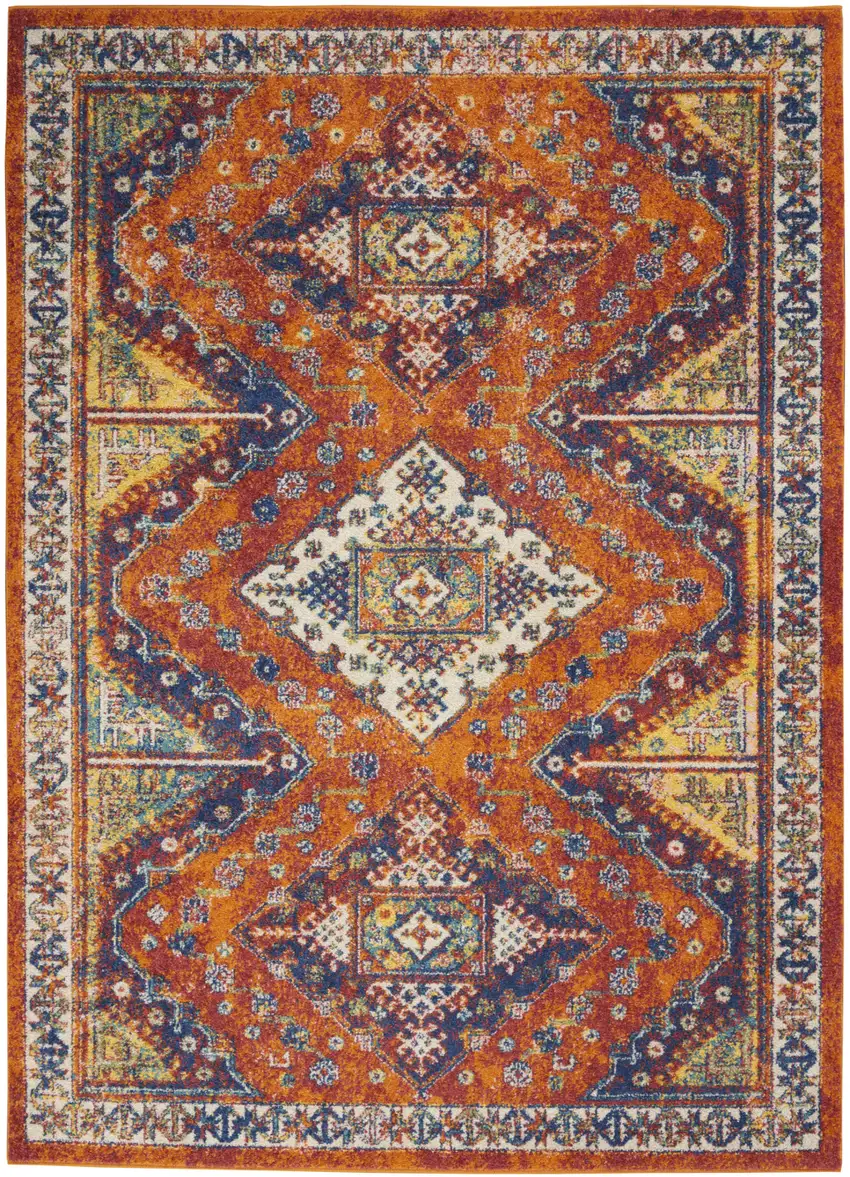 Ivory Blue and Orange Geometric Power Loom Area Rug Photo 5
