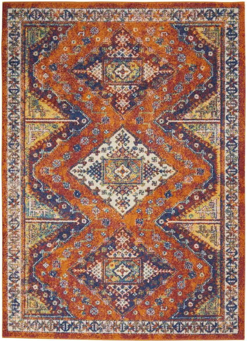 Ivory Blue and Orange Geometric Power Loom Area Rug Photo 2