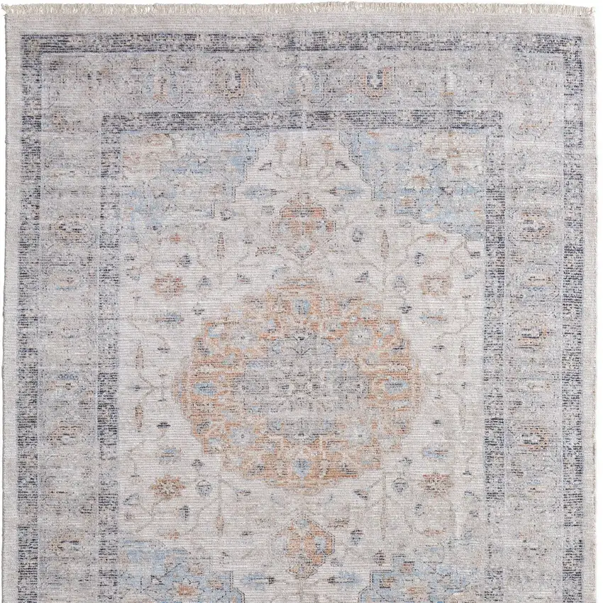Ivory Blue and Orange Oriental Hand Woven Distressed Area Rug With Fringe Photo 5