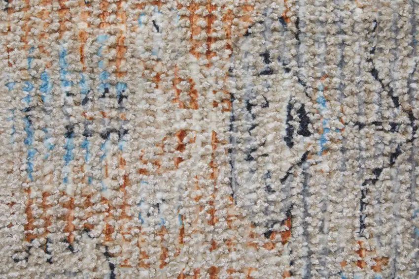 Ivory Blue and Orange Oriental Hand Woven Distressed Area Rug With Fringe Photo 9