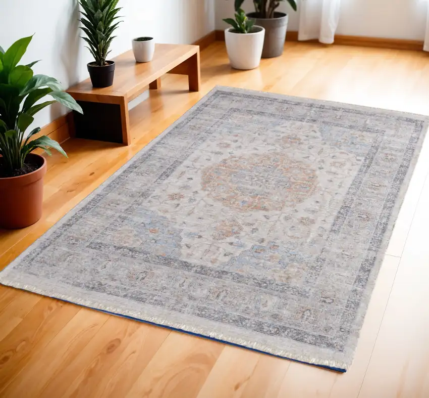 Ivory Blue and Orange Oriental Hand Woven Distressed Area Rug With Fringe Photo 1