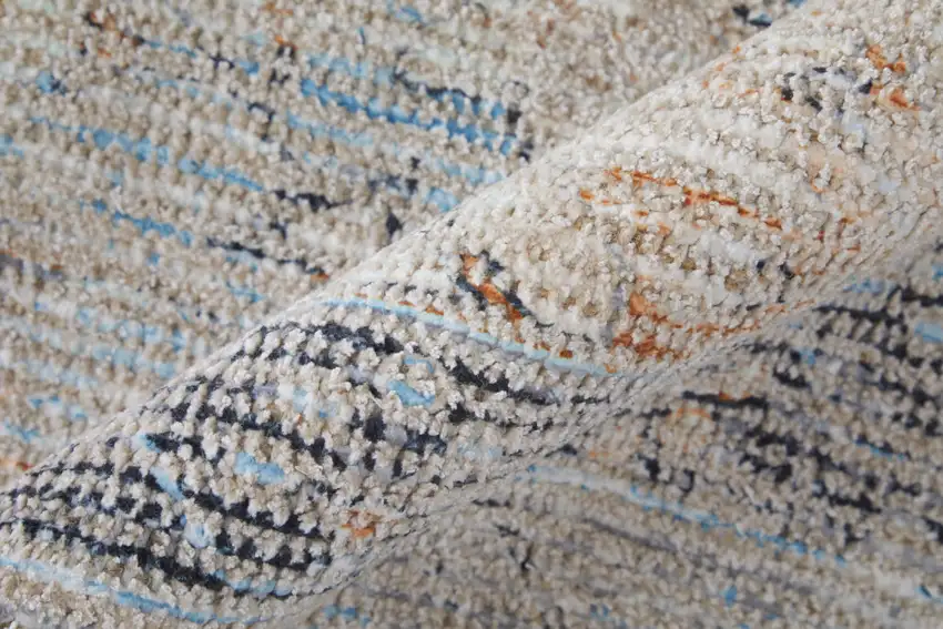 Ivory Blue and Orange Oriental Hand Woven Distressed Area Rug With Fringe Photo 7