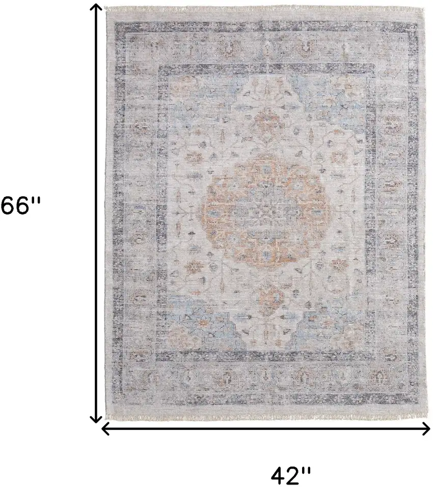 Ivory Blue and Orange Oriental Hand Woven Distressed Area Rug With Fringe Photo 3