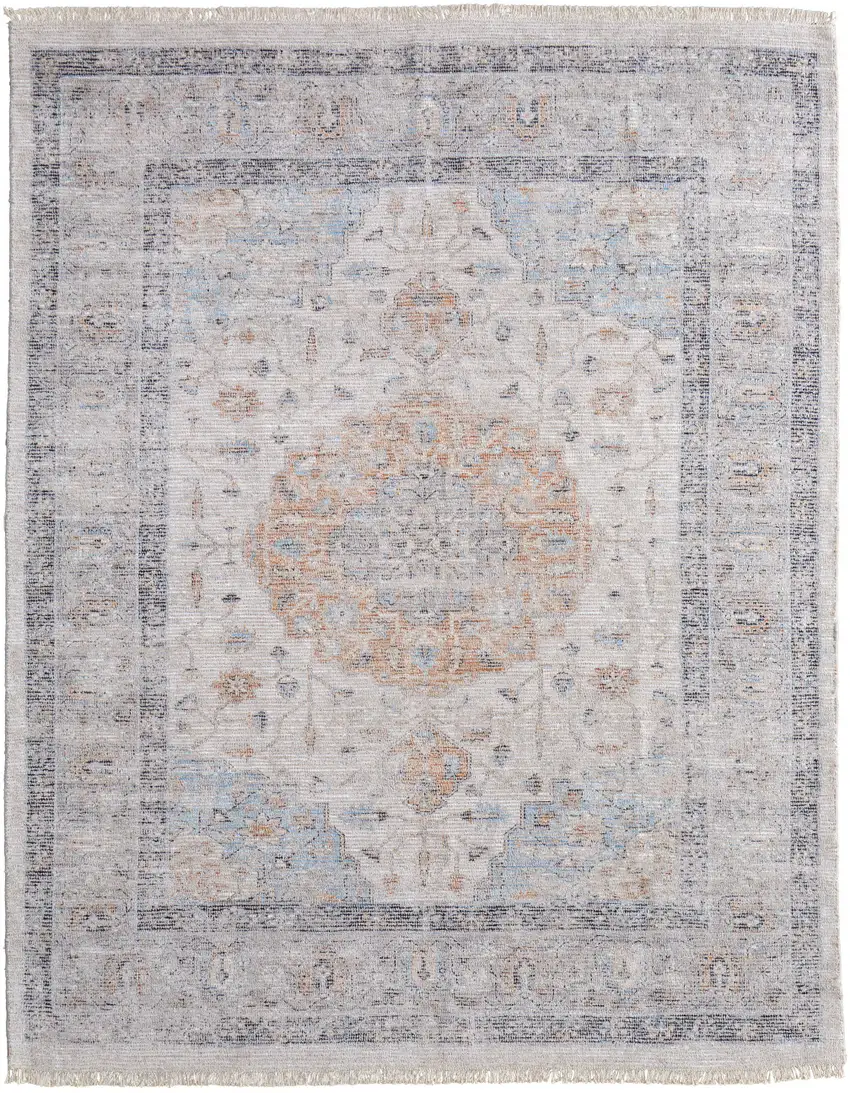 Ivory Blue and Orange Oriental Hand Woven Distressed Area Rug With Fringe Photo 4