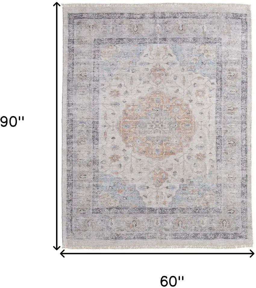Ivory Blue and Orange Oriental Hand Woven Distressed Area Rug With Fringe Photo 3