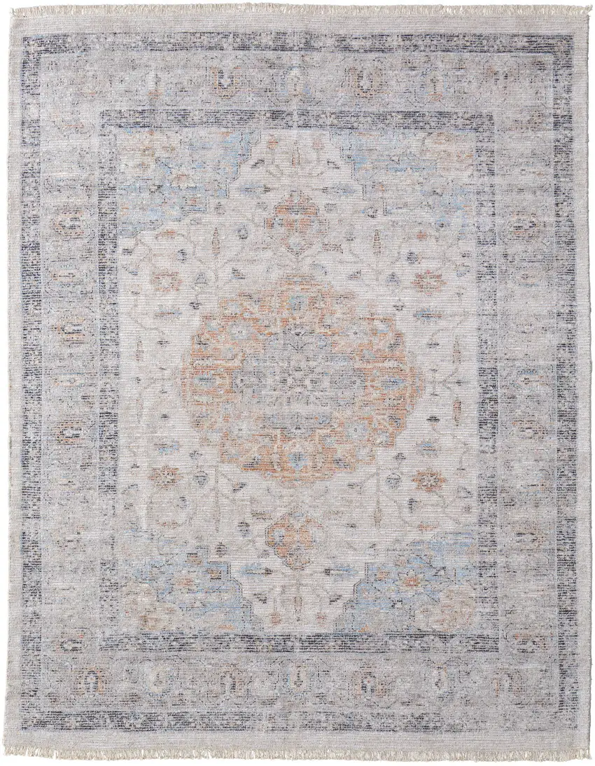 Ivory Blue and Orange Oriental Hand Woven Distressed Area Rug With Fringe Photo 6