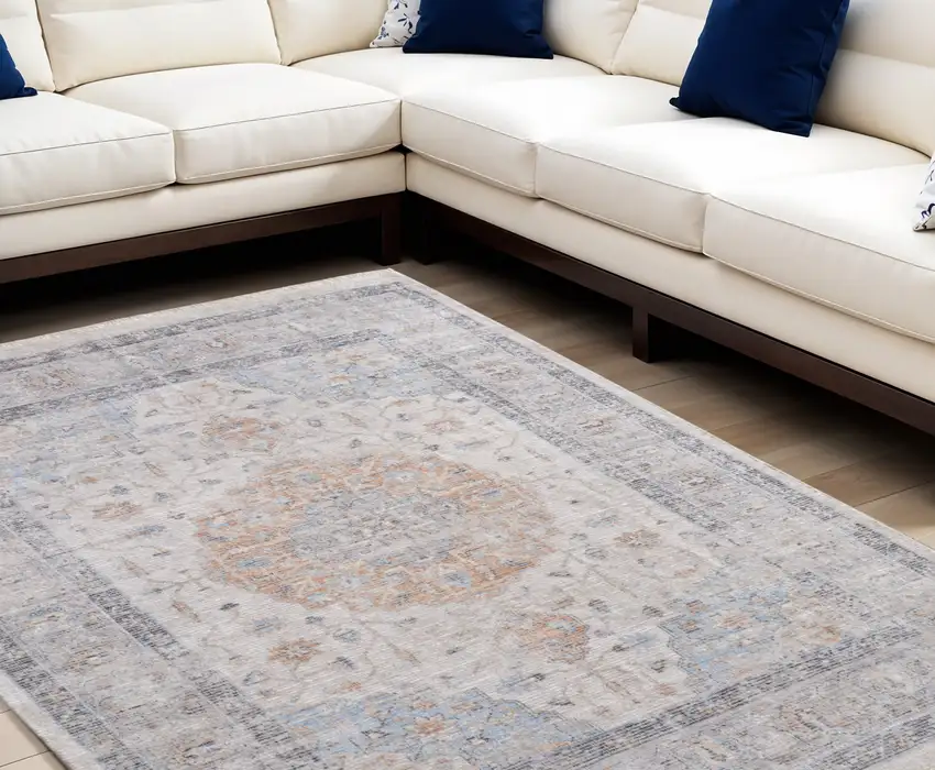 Ivory Blue and Orange Oriental Hand Woven Distressed Area Rug With Fringe Photo 1