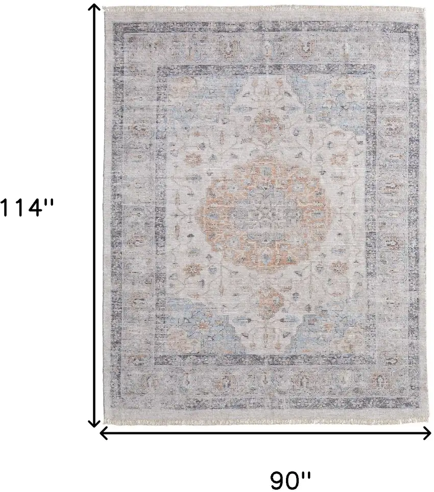 Ivory Blue and Orange Oriental Hand Woven Distressed Area Rug With Fringe Photo 3