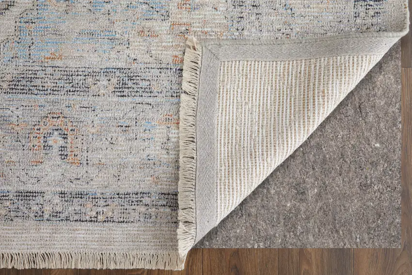 Ivory Blue and Orange Oriental Hand Woven Distressed Area Rug With Fringe Photo 6