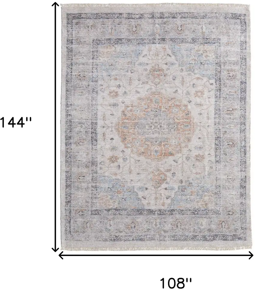 Ivory Blue and Orange Oriental Hand Woven Distressed Area Rug With Fringe Photo 3