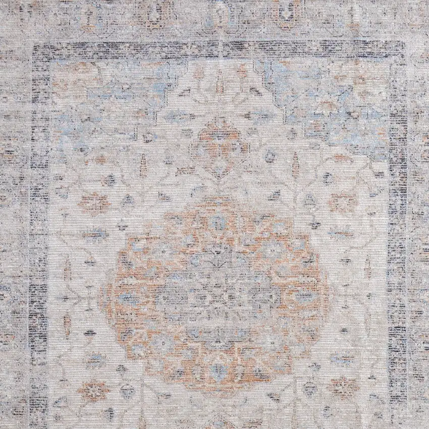 Ivory Blue and Orange Oriental Hand Woven Distressed Area Rug With Fringe Photo 9