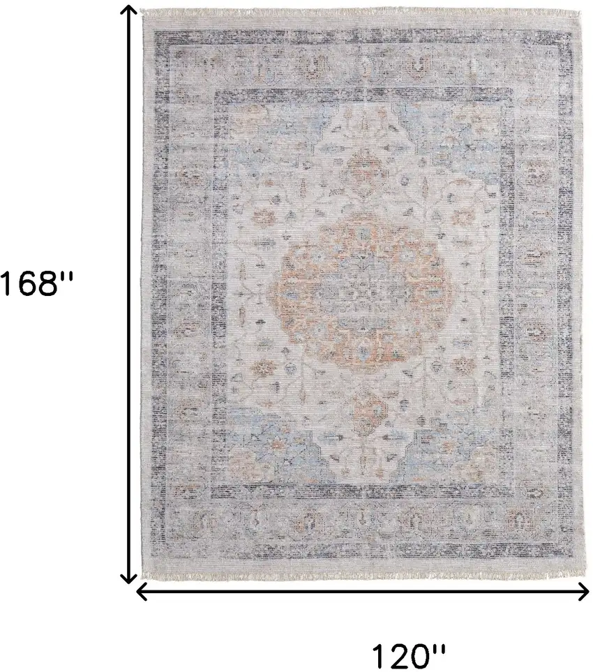 Ivory Blue and Orange Oriental Hand Woven Distressed Area Rug With Fringe Photo 3