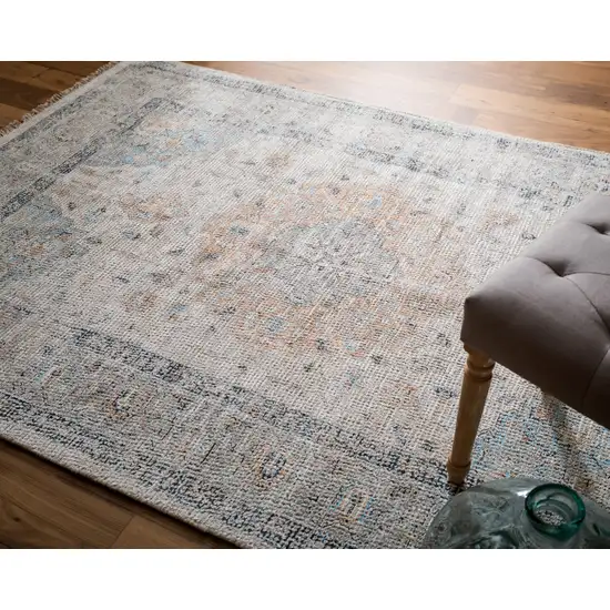 Ivory Blue and Orange Oriental Hand Woven Distressed Area Rug With Fringe Photo 9