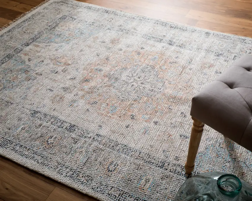 Ivory Blue and Orange Oriental Hand Woven Distressed Area Rug With Fringe Photo 9