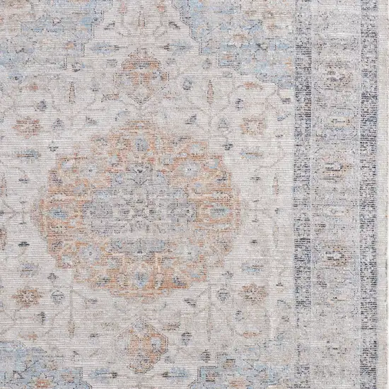 Ivory Blue and Orange Oriental Hand Woven Distressed Area Rug With Fringe Photo 4