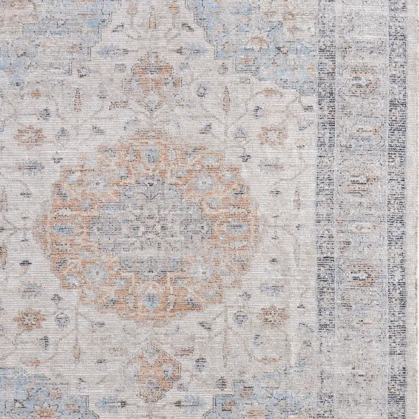 Ivory Blue and Orange Oriental Hand Woven Distressed Area Rug With Fringe Photo 4