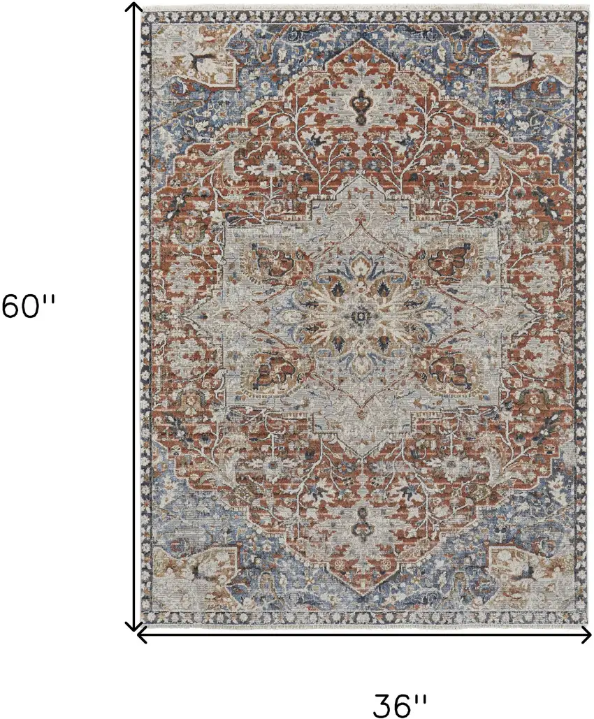 Ivory Blue and Orange Oriental Power Loom Area Rug With Fringe Photo 3