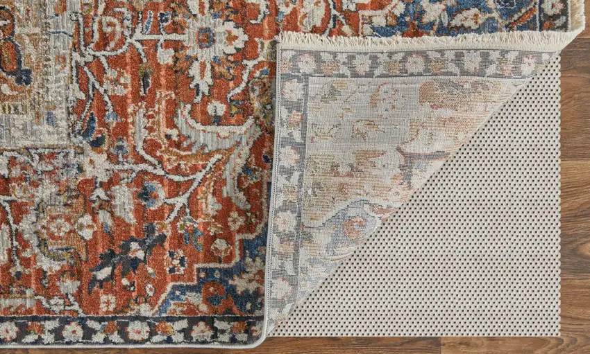 Ivory Blue and Orange Oriental Power Loom Area Rug With Fringe Photo 7