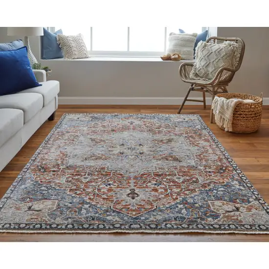 Ivory Blue and Orange Oriental Power Loom Area Rug With Fringe Photo 9