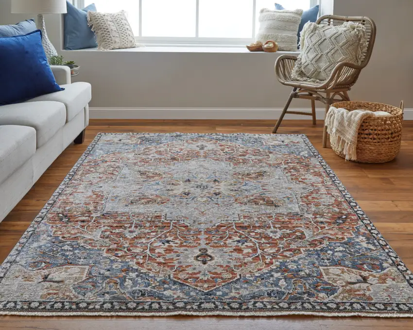 Ivory Blue and Orange Oriental Power Loom Area Rug With Fringe Photo 9