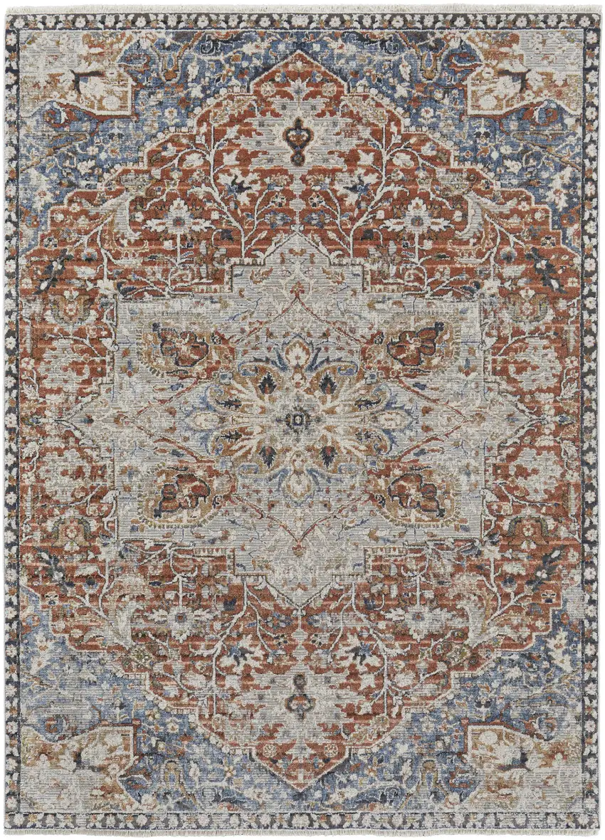 Ivory Blue and Orange Oriental Power Loom Area Rug With Fringe Photo 2