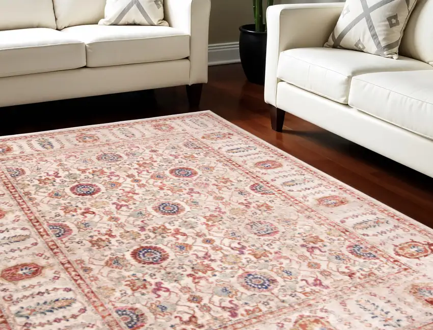 Ivory Blue and Orange Oriental Power Loom Area Rug Photo 2