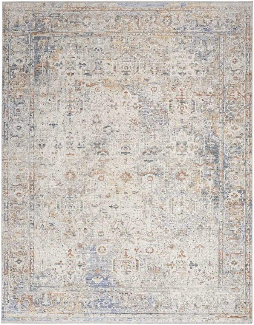 Ivory Blue and Orange Oriental Power Loom Distressed Area Rug With Fringe Photo 1