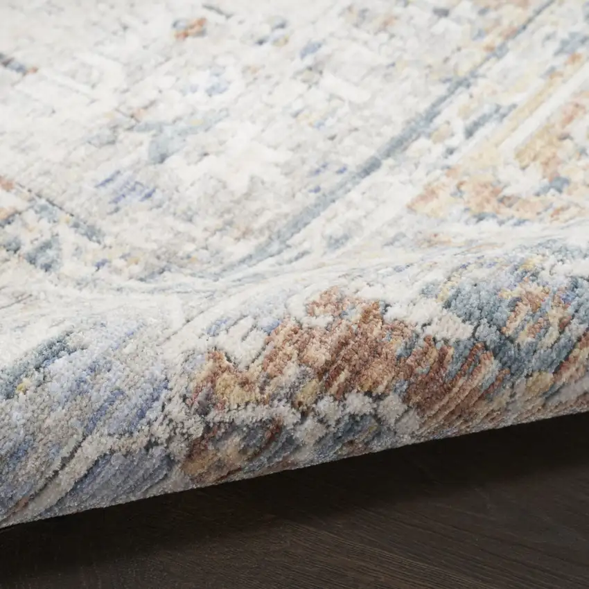 Ivory Blue and Orange Oriental Power Loom Distressed Area Rug With Fringe Photo 9