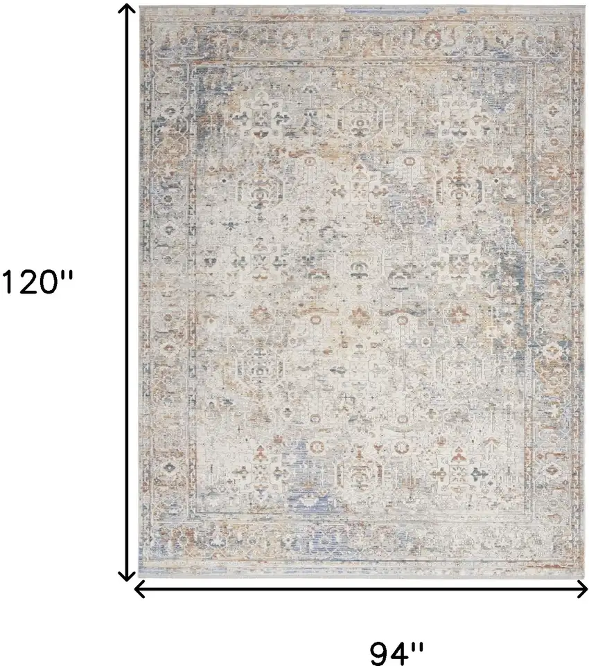 Ivory Blue and Orange Oriental Power Loom Distressed Area Rug With Fringe Photo 10