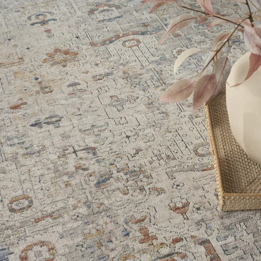 Ivory Blue and Orange Oriental Power Loom Distressed Area Rug With Fringe Photo 6