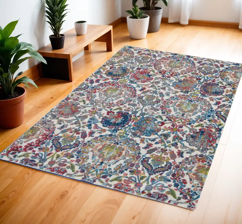 Ivory Blue and Red Floral Distressed Non Skid Area Rug Photo 1