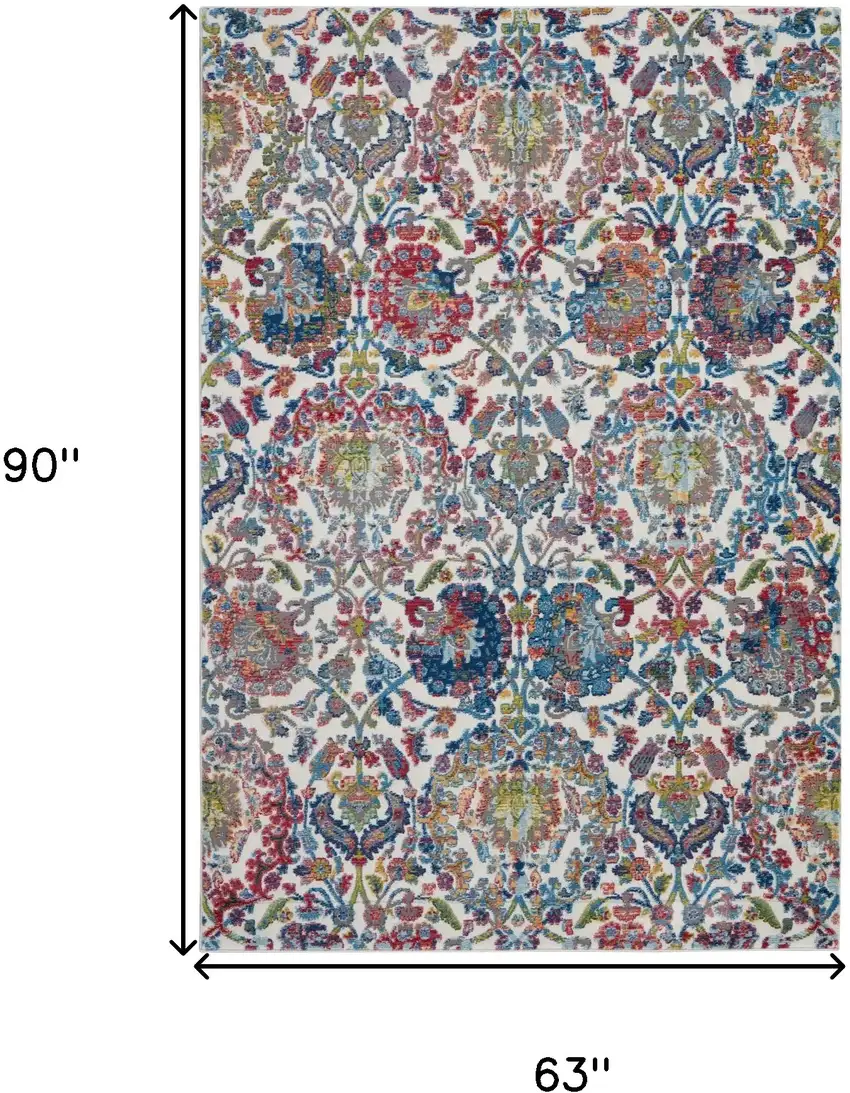 Ivory Blue and Red Floral Distressed Non Skid Area Rug Photo 3