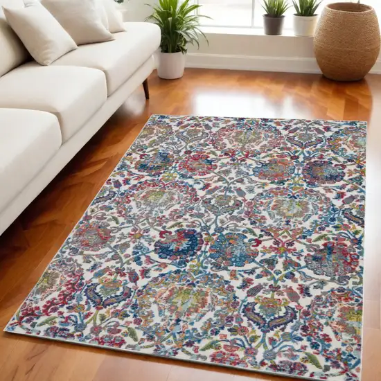 Ivory Blue and Red Floral Distressed Non Skid Area Rug Photo 2