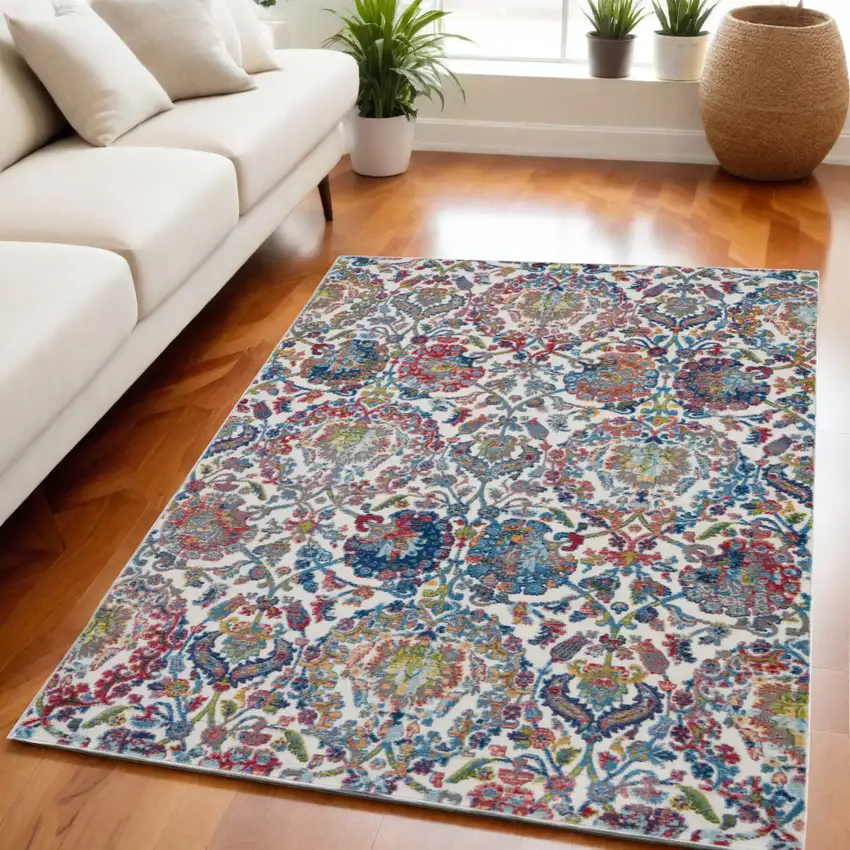Ivory Blue and Red Floral Distressed Non Skid Area Rug Photo 2