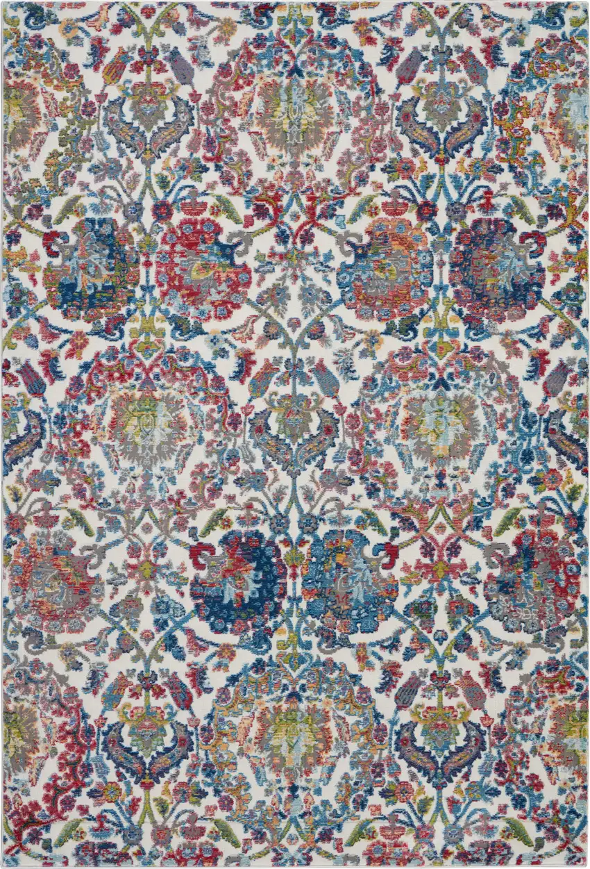 Ivory Blue and Red Floral Distressed Non Skid Area Rug Photo 1