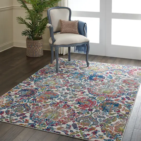Ivory Blue and Red Floral Distressed Non Skid Area Rug Photo 4