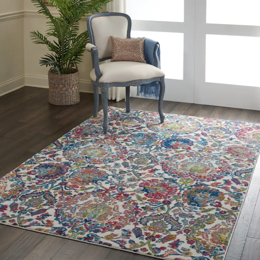 Ivory Blue and Red Floral Distressed Non Skid Area Rug Photo 4