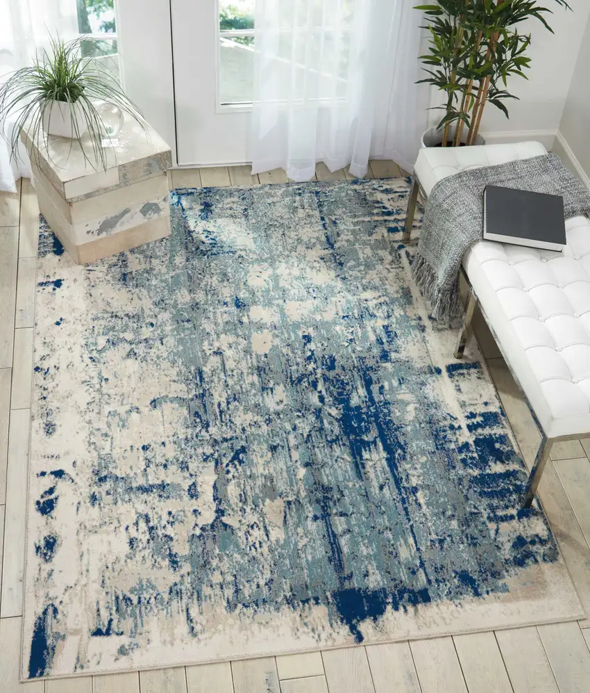 Ivory Blue and Slate Gray Abstract Area Rug Photo 4