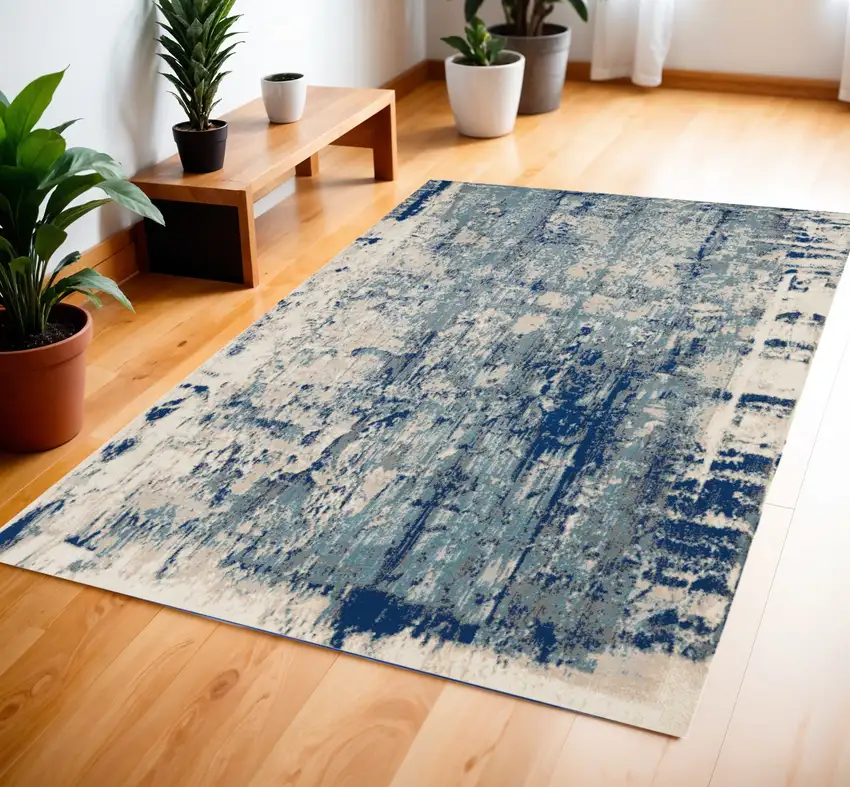 Ivory Blue and Slate Gray Abstract Area Rug Photo 1