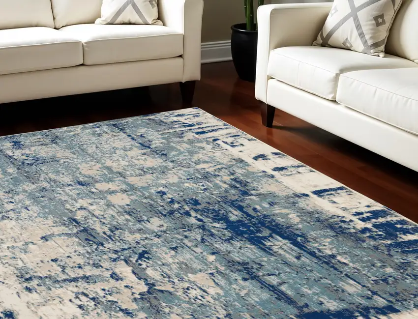 Ivory Blue and Slate Gray Abstract Non Skid Area Rug Photo 1