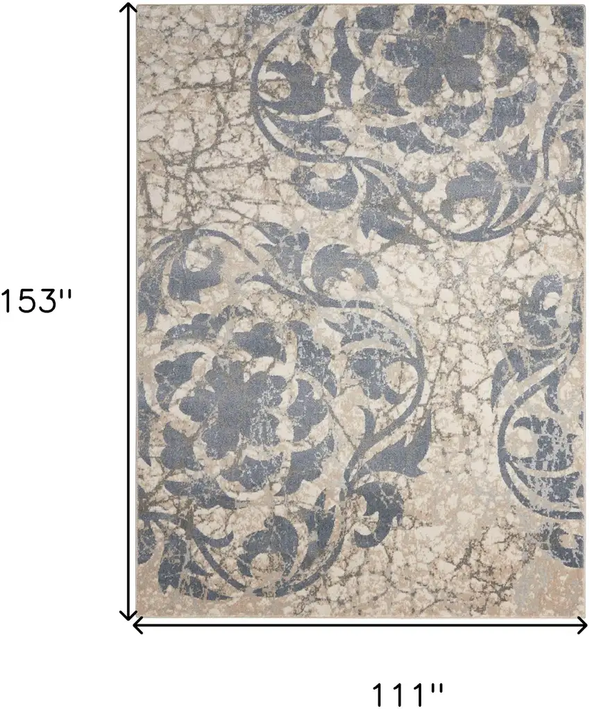 Ivory Blue and Slate Gray Floral Distressed Area Rug Photo 3