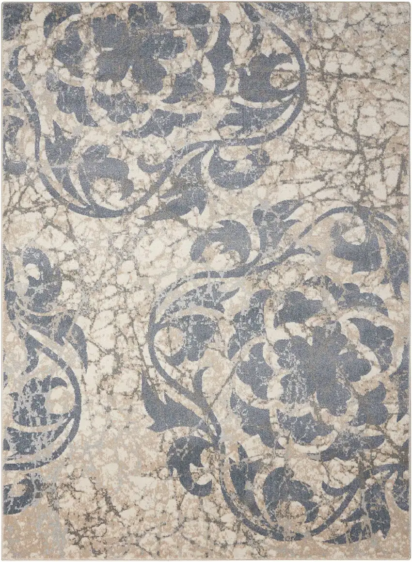 Ivory Blue and Slate Gray Floral Distressed Area Rug Photo 5