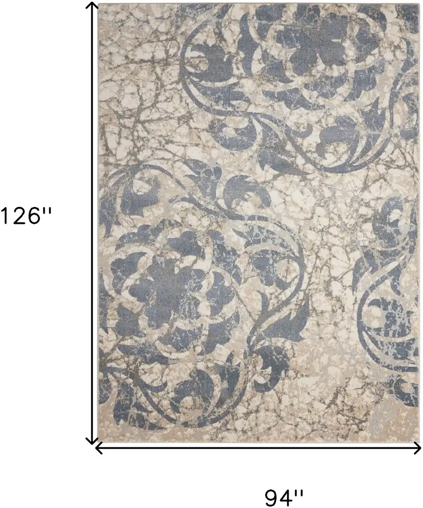 Ivory Blue and Slate Gray Floral Distressed Non Skid Area Rug Photo 3