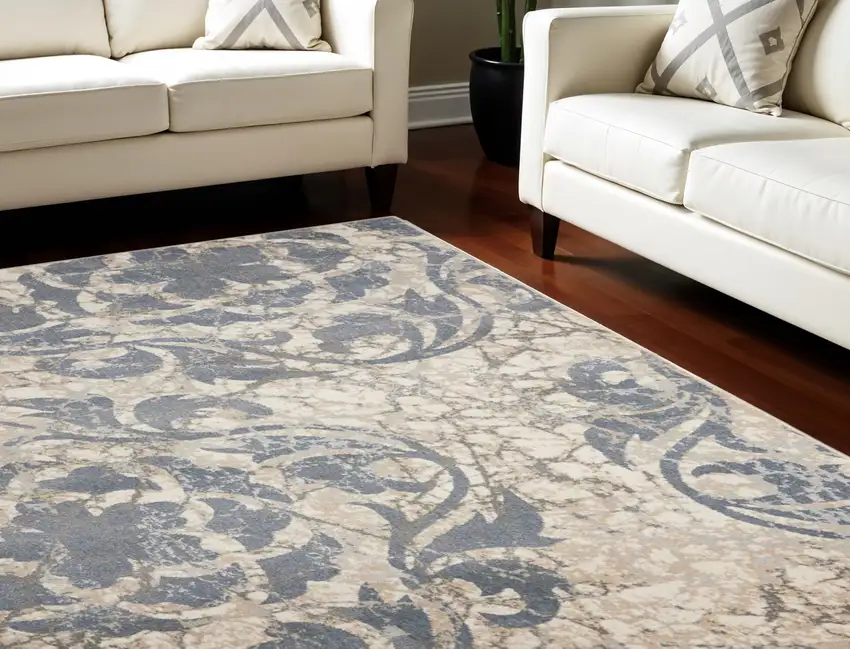 Ivory Blue and Slate Gray Floral Distressed Non Skid Area Rug Photo 1